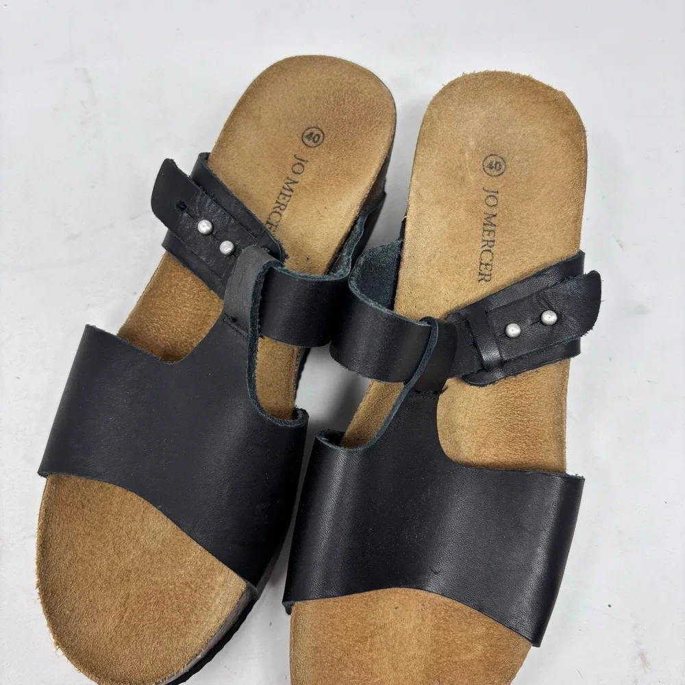 Jo Mercer Sandals Size Eu 40/US 9 Black Leather Adjustable Strap Wedge‎ Womens - Picture 3 of 9